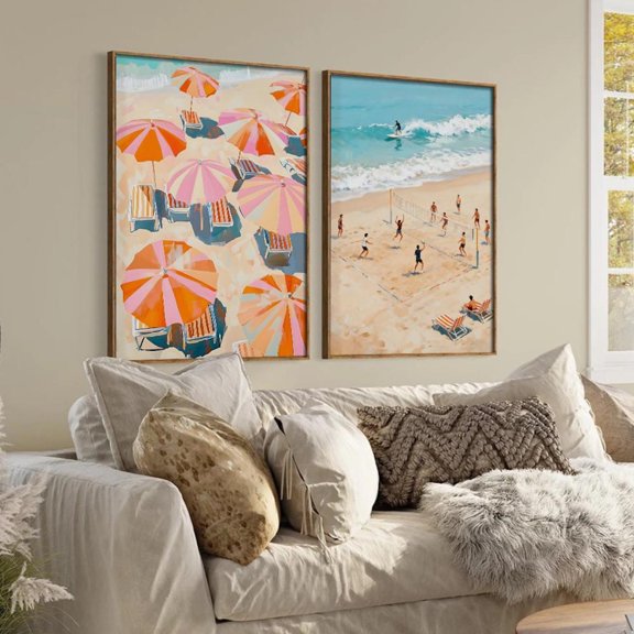 UNFFRAMED Beach Posters Set Coastal Volleyball & Umbrellas Art Set 2 Prints 20x30