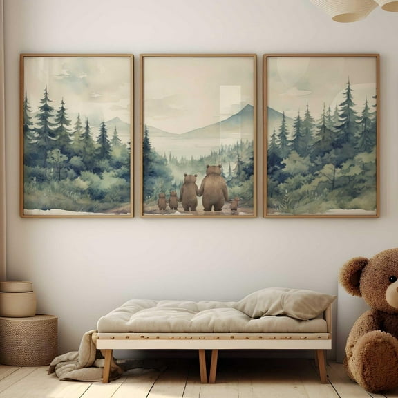 Luvia Bear Family Art, Bear Nursery Decor, Family Of Five Baby Room, Animal Family Portrait, Set Of 3, Boys Room, Family Art, Modern Wall Decor Set 3 Prints 8x12 UNFRAMED
