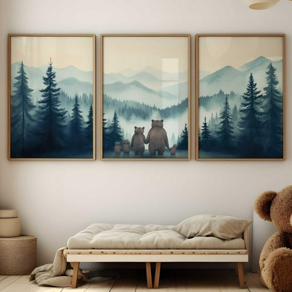 UNFFRAMED Bear Family, Bear Nursery Decor, Family Of 5, Animal Family Portrait, Bear Print, Woodland Animals, Set Of 3, Modern Wall Decor Set 3 Prints 12x18