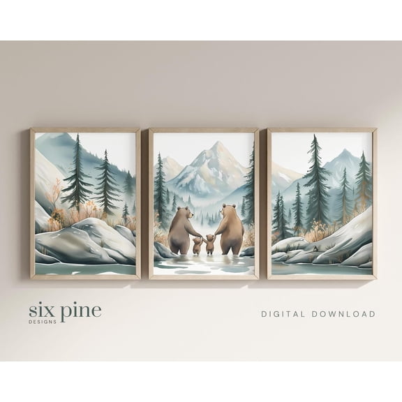 UNFFRAMED Bear Nursery Decor, Bear Family Prints, Mountain Nursery Decor, Forest Animals, Forest Nursery Decor, Forest Print, Boys Room Decor Set 3 Prints 16x24