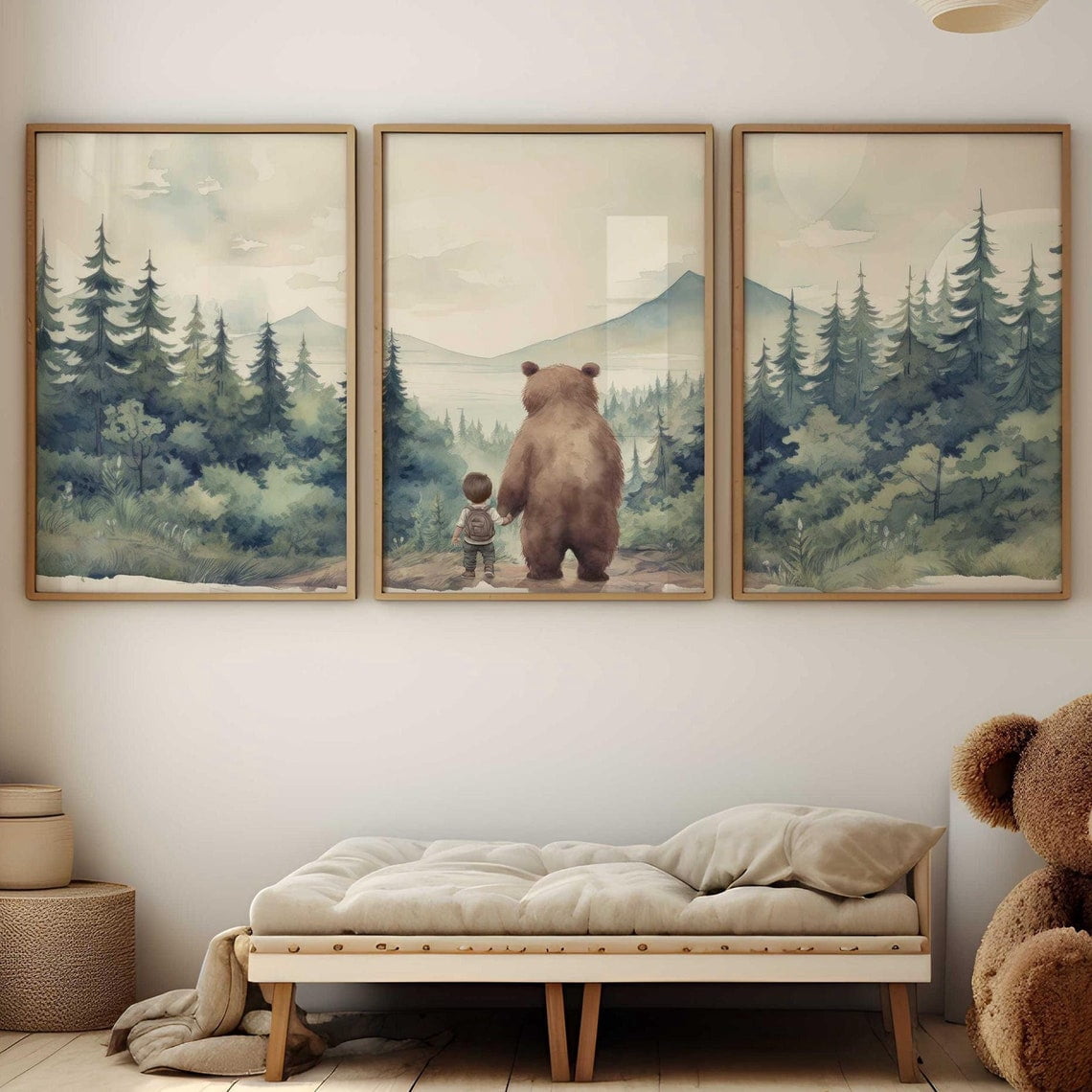 UNFFRAMED Bear Nursery Decor, Forest Set Of 3 Boy, Brown Bear Kids Art ...