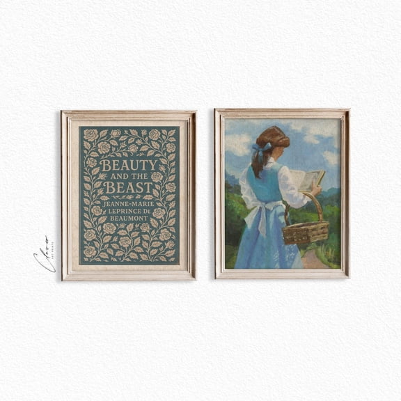 UNFFRAMED Beauty And The Beast Book Cover + Girl Reading Art Set Of 2, Vintage Fairy Tale Bundle, Classic Literature Wall Posters For Book Lovers Set 2 Prints 8x12