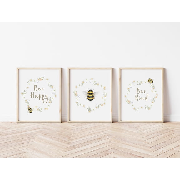UNFFRAMED Bee Happy, Bee Kind Art Posters, Set Bumblebee Wall Art, Bee Decor Set 3 Prints 8x12