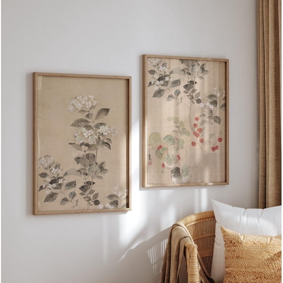 UNFFRAMED Beige Botanical Chinoiserie Art Prints, Neutral Floral Wall Decor, Set Of 2 Set 2 Prints 16x24