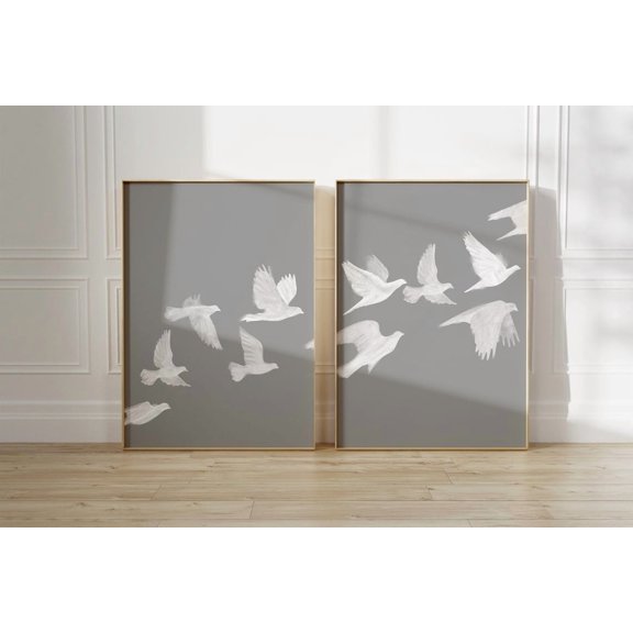 UNFFRAMED Bird Flock Poster Set, Modern Gray Minimalist Wall Art Set 2 Prints 16x24