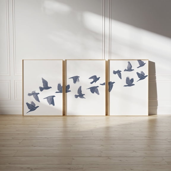 UNFFRAMED Bird Flock Poster Set, Modern Navy Blue Flying Birds Set 3 Prints 16x24