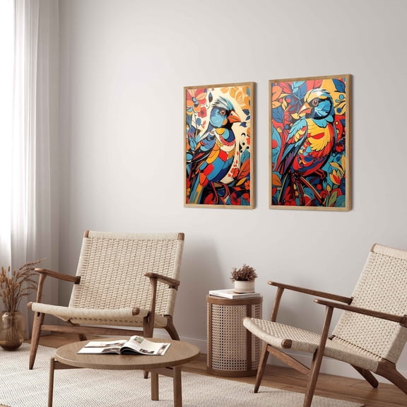 UNFFRAMED Bird Illustration Art Print Set, Colorful Animal Wall Decor Set 2 Prints 16x24