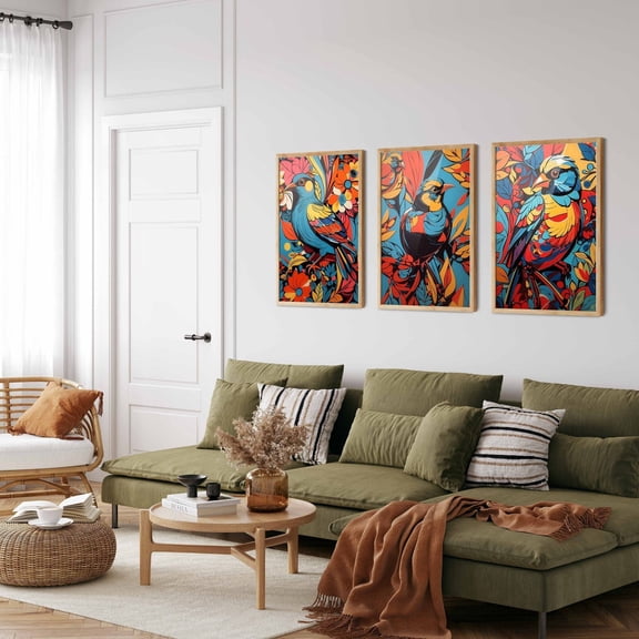 UNFFRAMED Bird Illustration Art Print Set, Colorful Bird Wall Decor Set 3 Prints 8x12