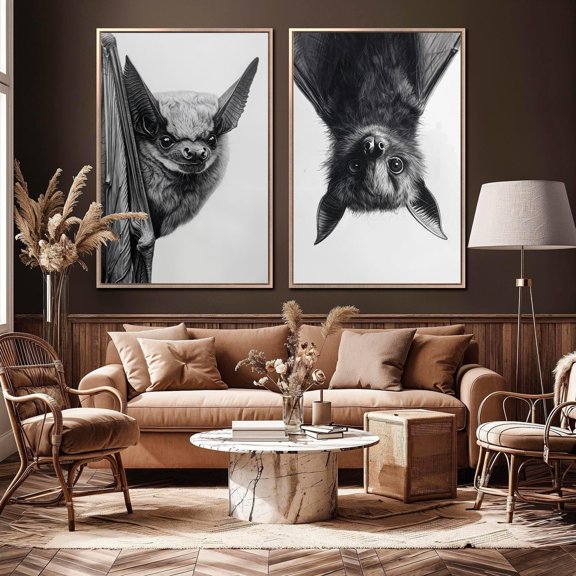UNFFRAMED Black And White Bats Poster Set Of 2 Cute Little Animals Wall Art Nocturnal Mammal Poster Decor Ready To Hang Set 2 Prints 20x30
