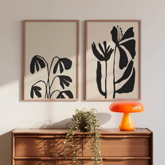 UNFFRAMED Black Botanical Set Of 2, Minimal Modern Wall Art, Scandinavian Abstract Flower Prints, Neutral Mid Century Decor, Set 2 Prints 8x12