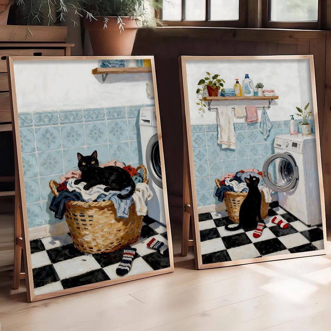 UNFFRAMED Black Cat Laundry Poster Set Vintage Washer Decor Set 2 ...