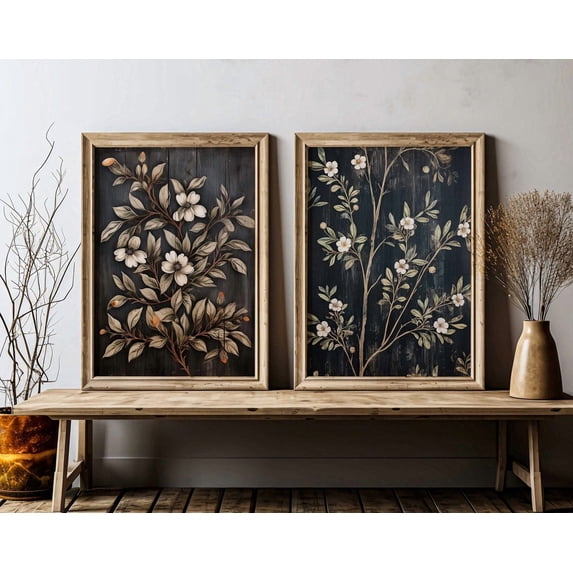 UNFFRAMED Black Floral Print, Floral Farmhouse, Set Of 2, Vintage Flower Print, Black, Country, Botanical Art, Modern Wall Decor Set 2 Prints 20x30