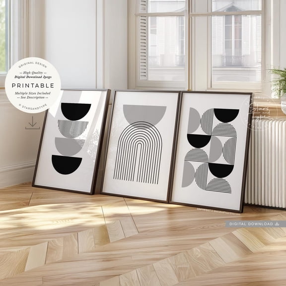 UNFFRAMED Black Gray Geometric Shapes, S Set Of 3, Semi Circles Arch, Mid Century Modern Art Decor, Print Jpgs Set 3 Prints 8x12