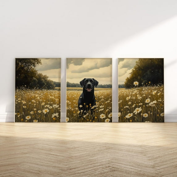 UNFFRAMED Black Labrador Dog Wall Art Set Of 3 Pieces Wildflower Farmouse Wall Decor Lab Mom Home Decor Set 3 Prints 8x12