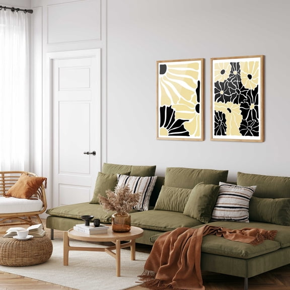 UNFFRAMED Black & Yellow Flower Market Prints, Modern Home Art Set Set 2 Prints 8x12