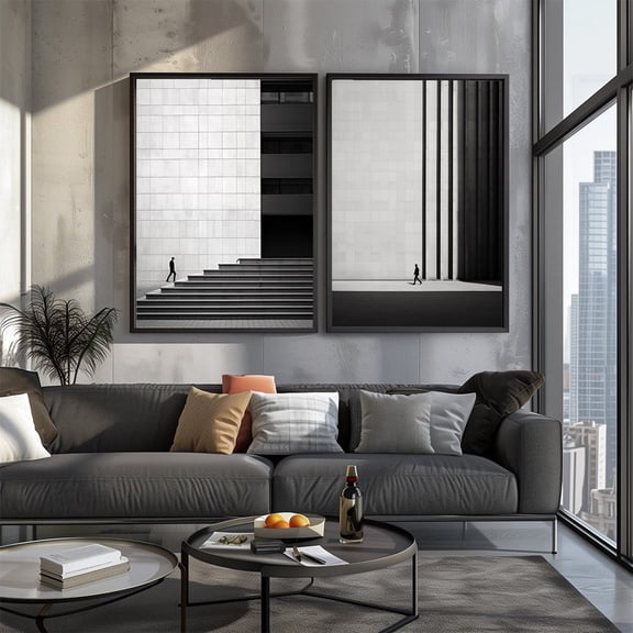 UNFFRAMED Black and White Architectural Print Set, Minimalist Cityscape Set 2 Prints 8x12