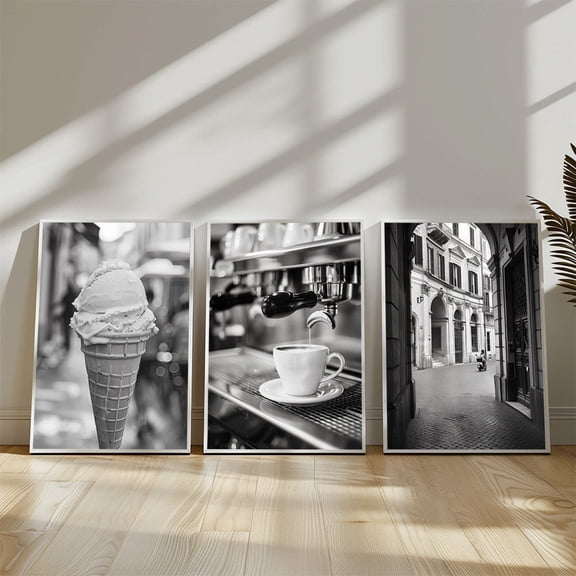 UNFFRAMED Black and White Rome Art Print Set, Gelato, Espresso, Streets Set 3 Prints 8x12