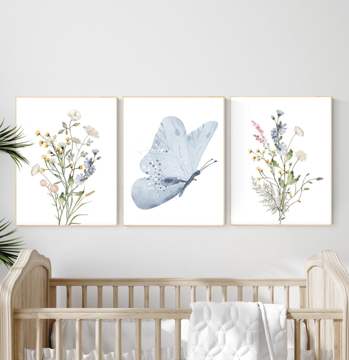 UNFFRAMED Blue Butterfly Wildflower Nursery Wall Art, Neutral Baby Girl ...