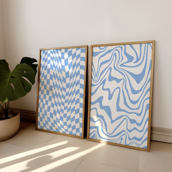 UNFFRAMED Blue Checkered Wavy Print Set, Trendy Abstract Wall Art Set 2 Prints 12x18