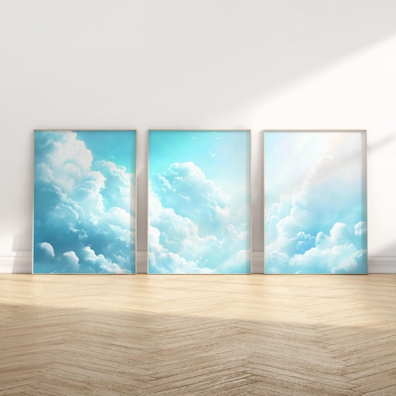 UNFFRAMED Blue Clouds Wall Art Set Of 3 Pieces Bedroom Wall Decor Big Over Bed Soft Neutral Relaxing Wall Art Set 3 Prints 16x24