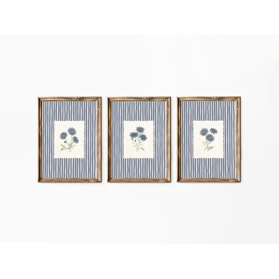 UNFFRAMED Blue Daisy Wall Art PosterGallery, Trendy Vintage Country Cottagecore Aesthetic Botanical Striped Print Set 3 Prints 12x18