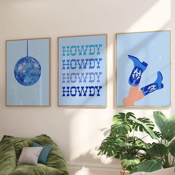 UNFFRAMED Blue Disco Cowgirl Print Set, Western Dorm Decor Set 3 Prints 16x24