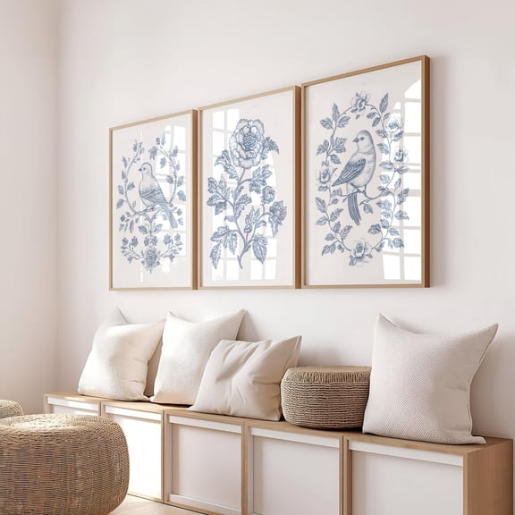 UNFFRAMED Blue Floral Toile Poster Set, Botanical Chinoiserie Art Set 3 Prints 8x12