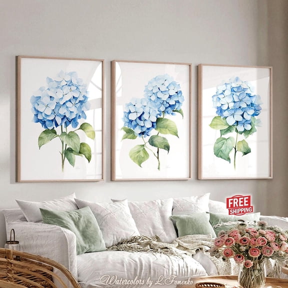 UNFFRAMED Blue Hydrangea Flowers Wall Art Posters -, Floral Wall Decor Over The Bed Set Of Three Pieces, Botanical Plants Girl Set 3 Prints 20x30
