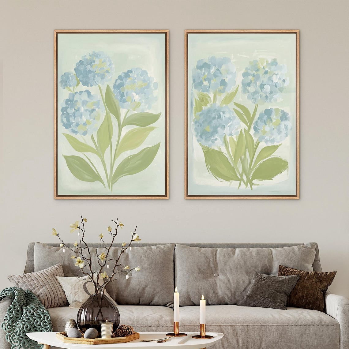 UNFFRAMED Blue Hydrangea Wall Art, Set Of 2 Light Blue Botanical Prints ...