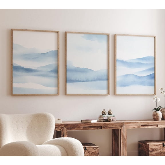 UNFFRAMED Blue Mountain Wall Art, Tranquil Landscape Prints Set Of 3, Modern Abstract Nature Artwork, Calming Blue Horizon Decor #202 Set 3 Prints 16x24