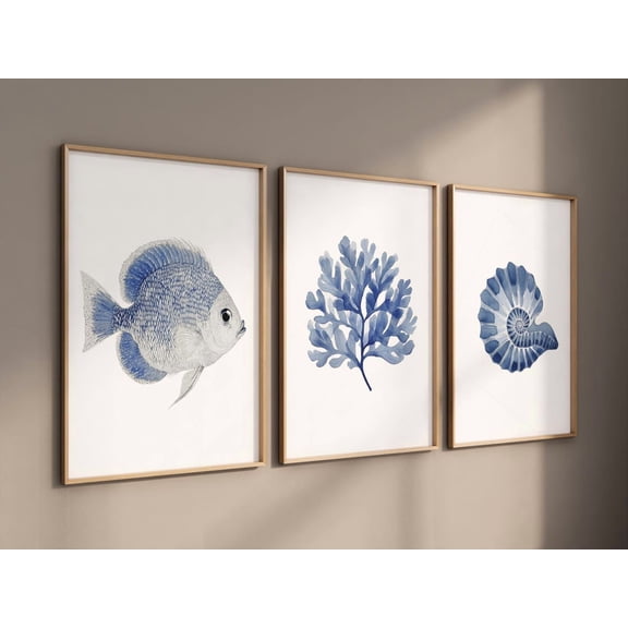 UNFFRAMED Blue Ocean Wall Art Set, Coastal Fish Coral Shell Prints, Nautical Bathroom Decor, Sea Life Poster Trio, Beach House Art #117 Set 3 Prints 8x12