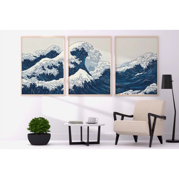 UNFFRAMED Blue Waves Japandi Triptych Wall Art, Japanese Ocean Poster Set Set 3 Prints 16x24
