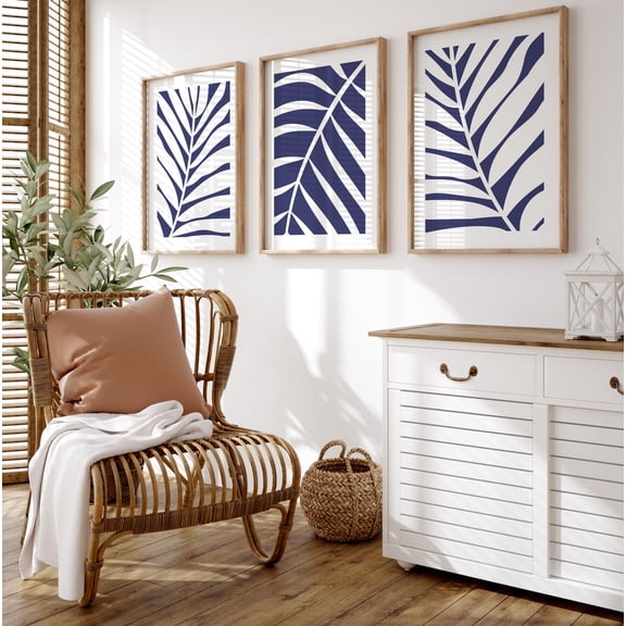 UNFFRAMED Blue and white wall art, Prints, Botanical Leaves Art, Floral Leaf Prints, Living Room Posters, Printable Tropical Art, Set 3 Prints 20x30