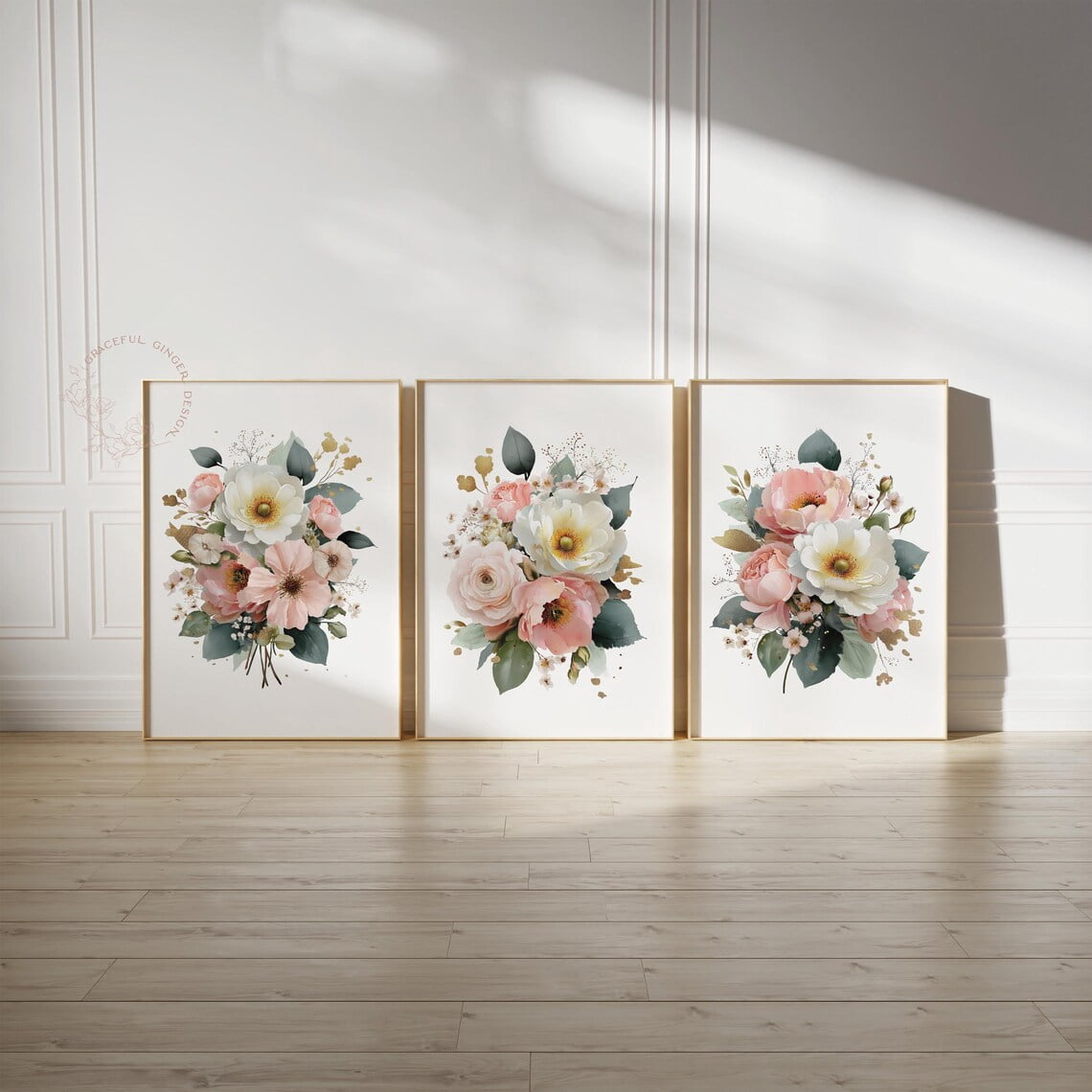 UNFFRAMED Blush Pink Floral Wall Art Set, Elegant Bouquet Posters Set 3 ...