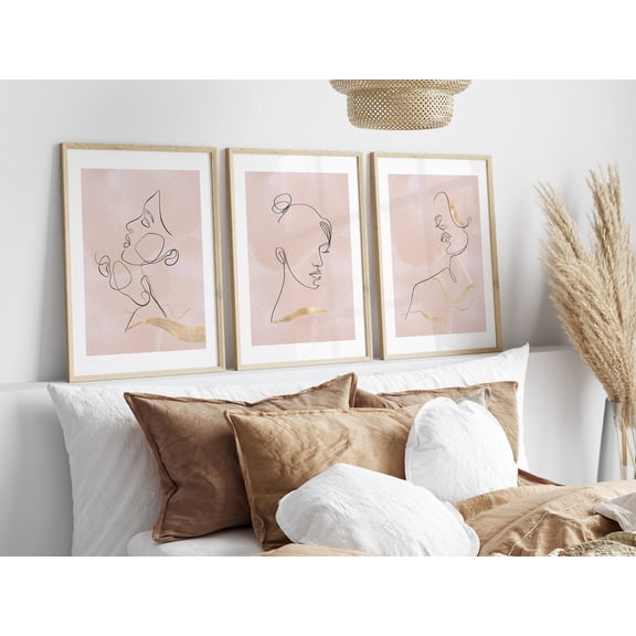 UNFFRAMED Blush Pink Wall Art Set Posters Pink Feminine Line Art Home Decor, Pink Poster Set Of Three, Classy Elegant Drawings, Set 3 Prints 12x18