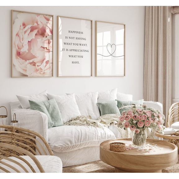 UNFFRAMED Blush pink bedroom decor,Bedroom art prints,Peony photo,Flower poster,Girls bedroom prints,Printable bedroom decor,Happiness quote Set 3 Prints 16x24