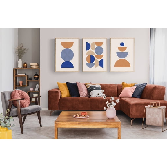 UNFFRAMED Boho 3 Piece Wall Art, Burnt Orange And Blue Geometric Set Of 3 Posters, Abstract Mid Century Modern Art Set, Retro Decor, Triptych Set 3 Prints 16x24