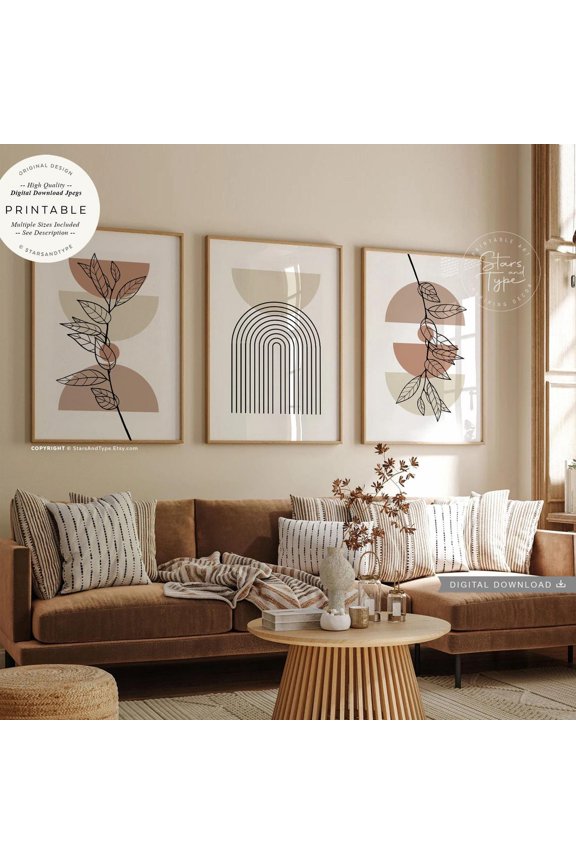 UNFFRAMED Boho Abstract Leaf Art, S Set Of 3, Geometric Neutral Brown Beige Mid Century Living Room Decor, Print Jpgs Set 3 Prints 20x30