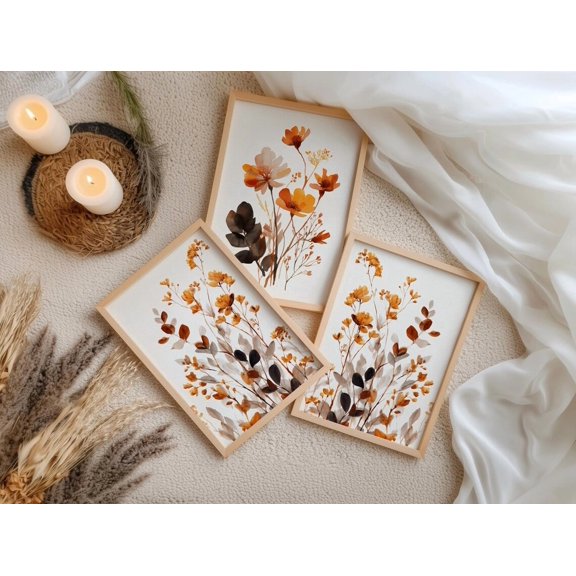 UNFFRAMED Boho Botanical Posters Set, Neutral Fall Floral Art Set 3 Prints 8x12