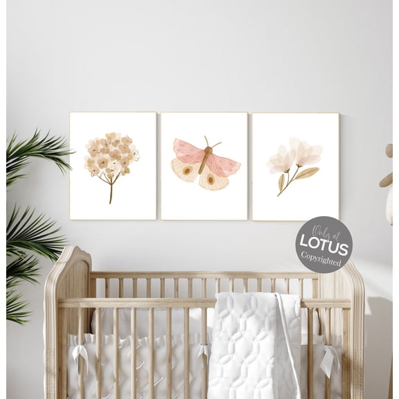 UNFFRAMED Boho Butterfly Floral Set, Boho Nursery, Girl Nursery Decor, Butterfly Nursery Wall Art, Neutral Colors, Blush Nursery, Flower Nursery #87 Set 3 Prints 20x30