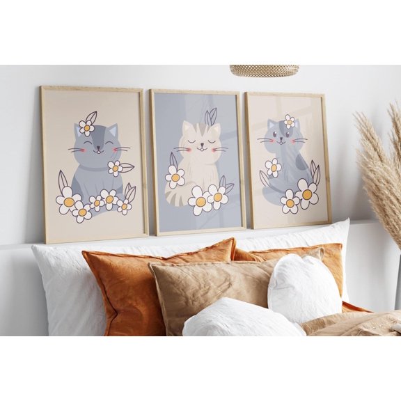 UNFFRAMED Boho Cat Art Poster Set, Floral Illustration Set 3 Prints 20x30