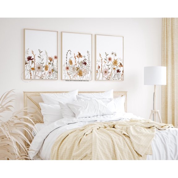 UNFFRAMED Boho Fall Wildflowers Poster Set, Neutral Autumn Decor Set 3 Prints 8x12