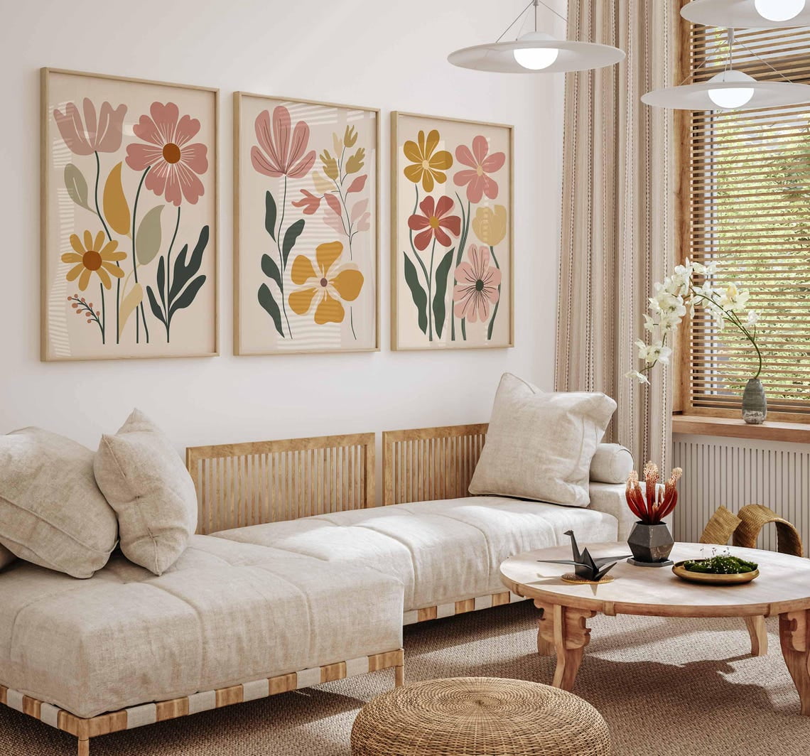 UNFFRAMED Boho Floral Abstract Flower Wall Art Set Of 3 Boho Wall Art ...