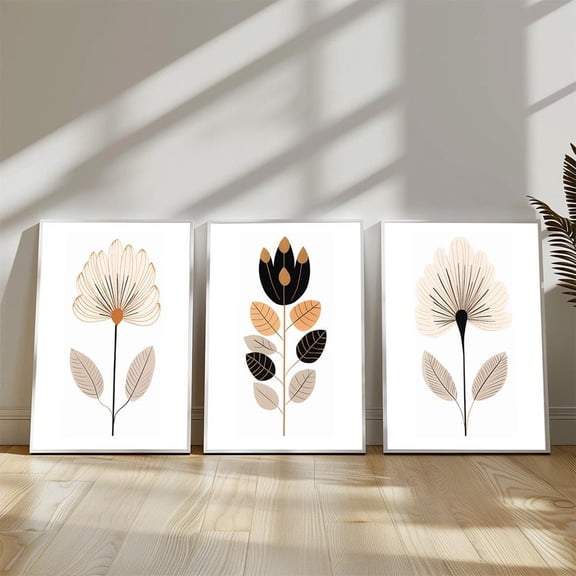 UNFFRAMED Boho Floral Prints Set, Neutral Scandinavian Home Decor Set 3 Prints 8x12
