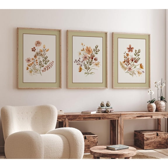 UNFFRAMED Boho Flower Poster Set, Botanical Boho Wall Art, Neutral Wildflower Poster, Floral Nursery Wall Art Decor Set 3 Prints 8x12