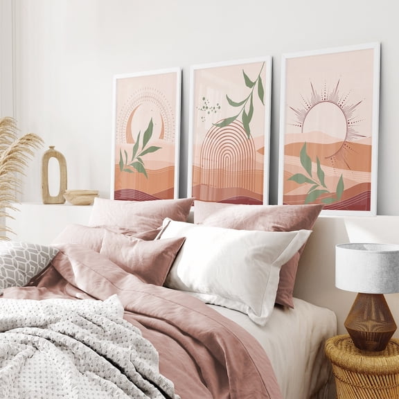 UNFFRAMED Boho Gallery Wall Art Prints, Terracotta Sun And Rainbow, Green Leaves, Set Of 3 Set 3 Prints 12x18