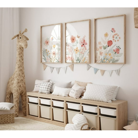 UNFFRAMED Boho Nursery Wall Art, Wildflower Nursery Decor, Floral Nursery, Girl Nursery Decor, Vintage Flower Nursery, Botanical Print, Home Decor #1 Set 3 Prints 16x24