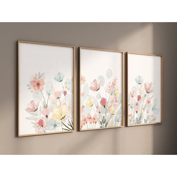 UNFFRAMED Boho Nursery Wall Art, Wildflower Nursery Decor, Floral Nursery, Girl Nursery Decor, Vintage Flower Nursery, Mint And Blush Pink, Home Decor #523 Set 3 Prints 20x30