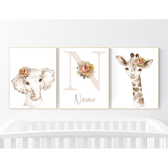 UNFFRAMED Boho Nursery, Wildflower Nursery Decor, Woodland Nursery, Floral Nursery, Elephant Nursery, Animal Prints, Vintage Flower, Botanical Print #347 Set 3 Prints 8x12