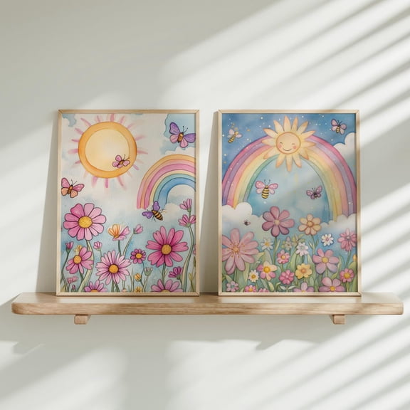 UNFFRAMED Boho Rainbow Nursery Decoret Wildflower Posters, Baby Girl Room Art, Flower Illustration Poster, Rainbow Nursery Set 2 Prints 12x18